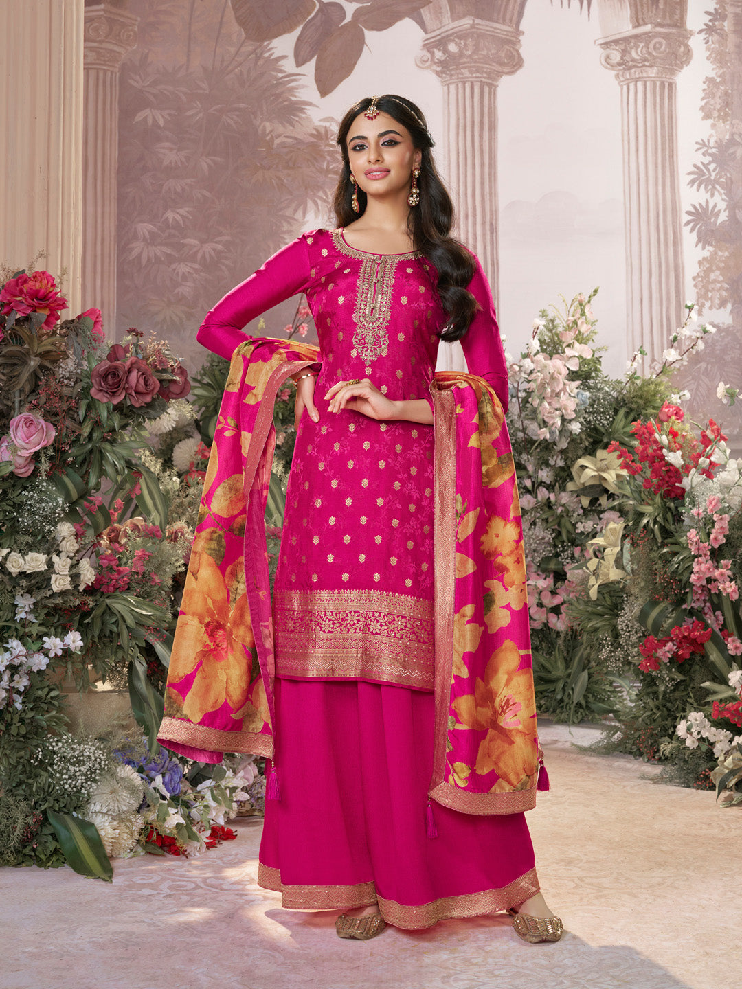 Pink Dola Silk Jacquard & Embroidery Sharara Set with Digital Print Dola Silk Dupatta