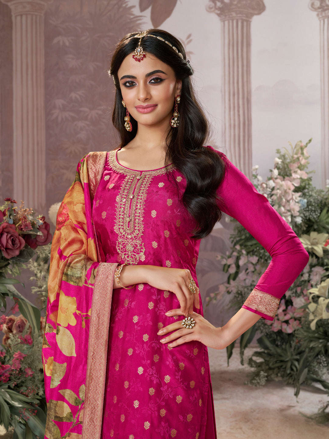 Pink Dola Silk Jacquard & Embroidery Sharara Set with Digital Print Dola Silk Dupatta