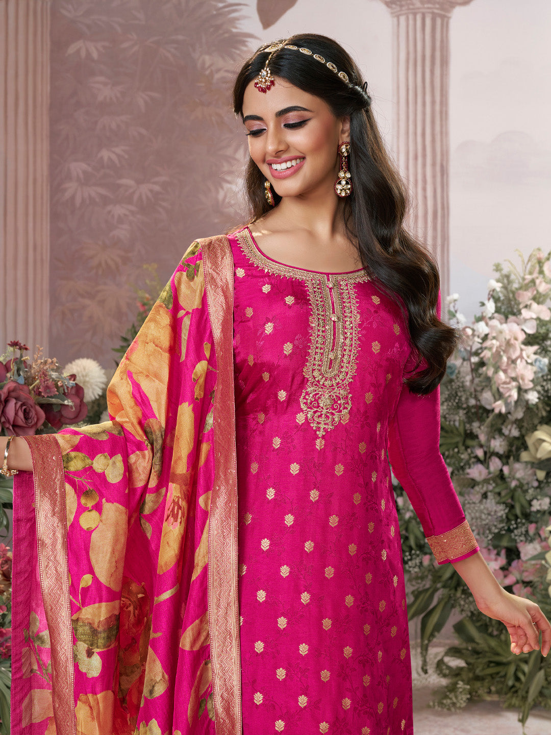 Pink Dola Silk Jacquard & Embroidery Sharara Set with Digital Print Dola Silk Dupatta