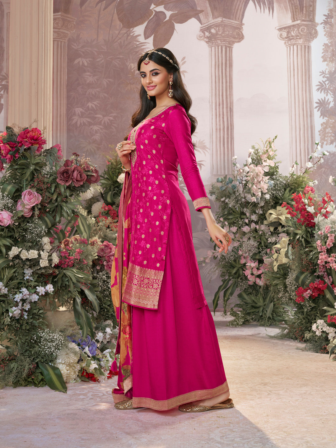 Pink Dola Silk Jacquard & Embroidery Sharara Set with Digital Print Dola Silk Dupatta