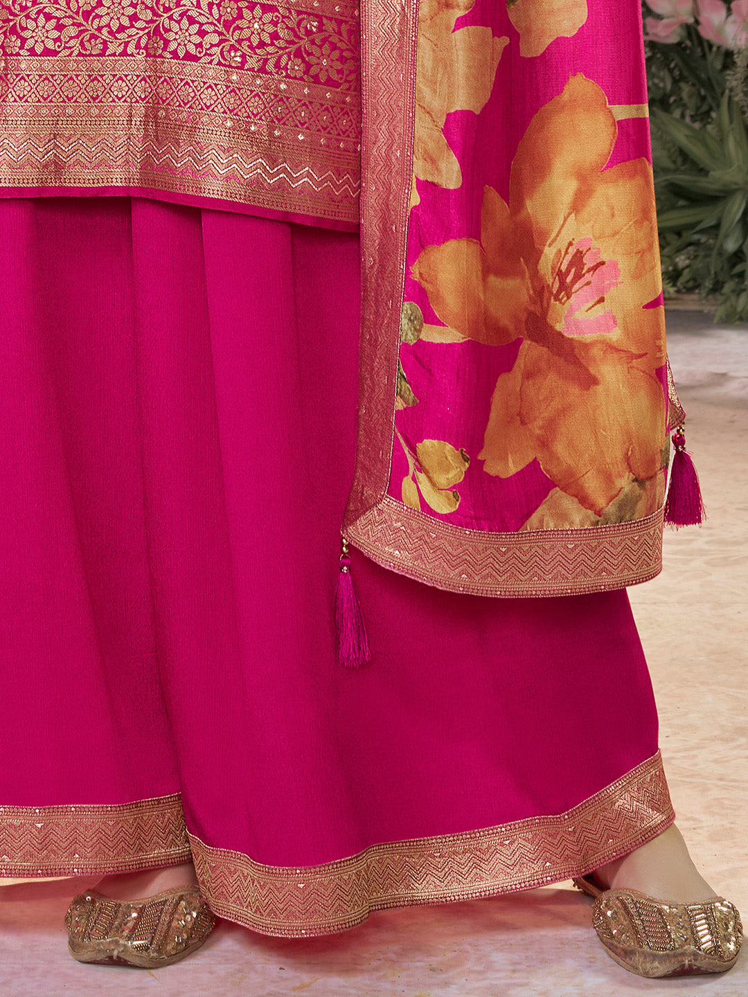 Pink Dola Silk Jacquard & Embroidery Sharara Set with Digital Print Dola Silk Dupatta