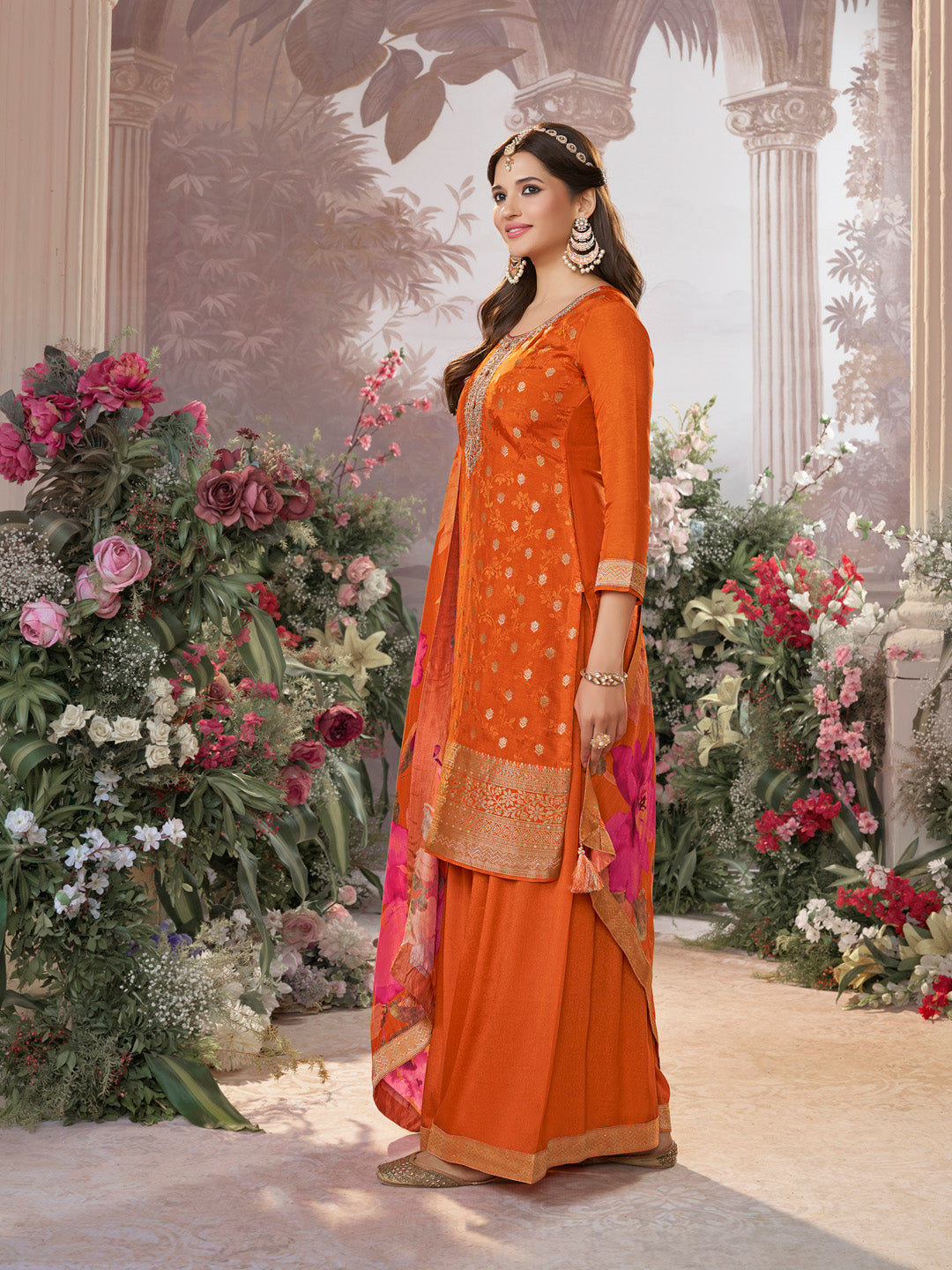 Orange Dola Silk Jacquard & Embroidery Sharara Set with Digital Print Dola Silk Dupatta