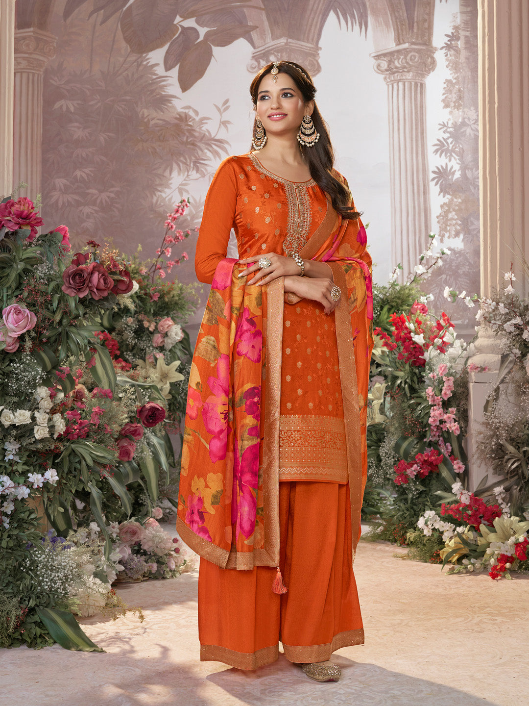 Orange Dola Silk Jacquard & Embroidery Sharara Set with Digital Print Dola Silk Dupatta
