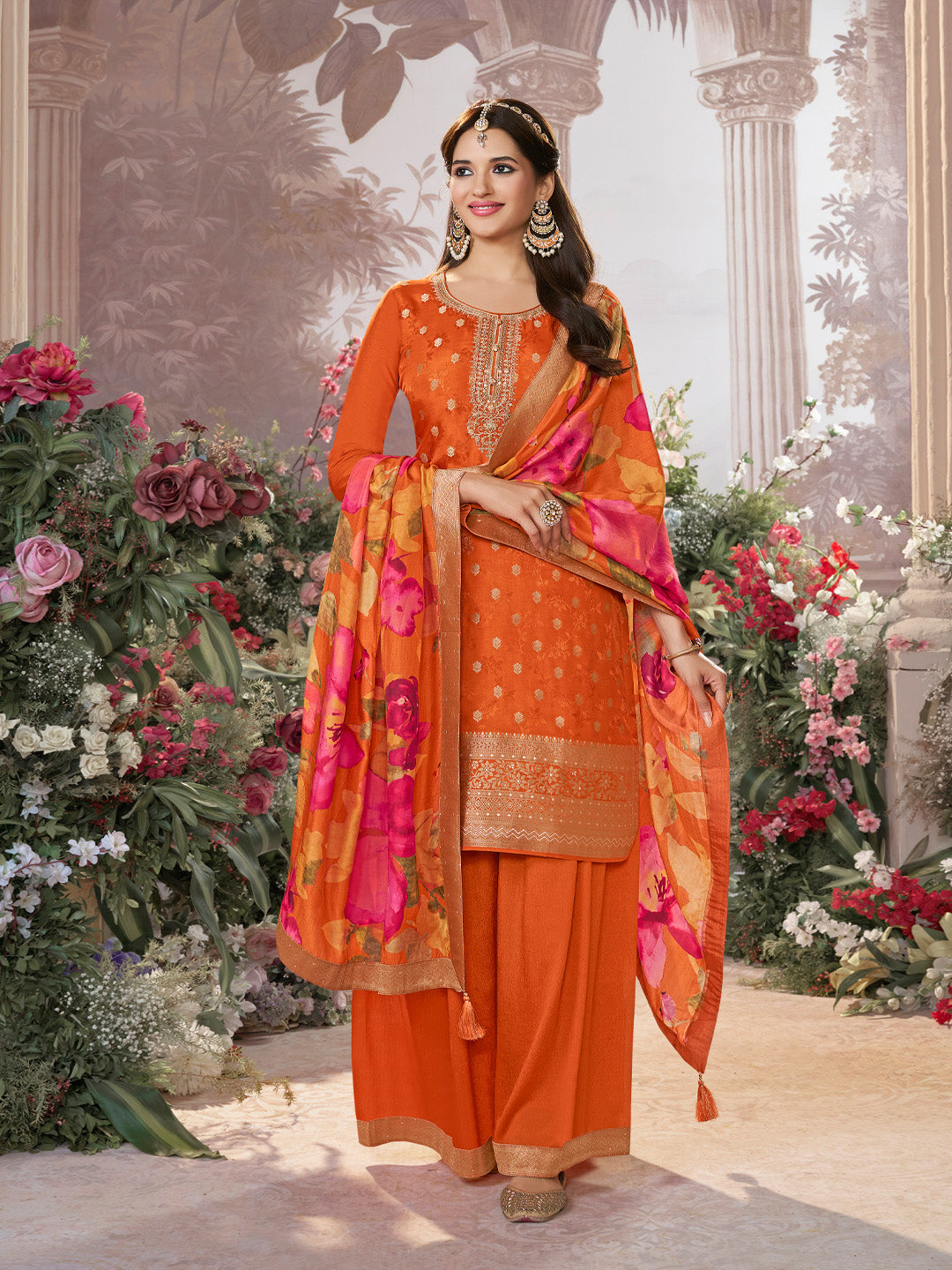 Orange Dola Silk Jacquard & Embroidery Sharara Set with Digital Print Dola Silk Dupatta