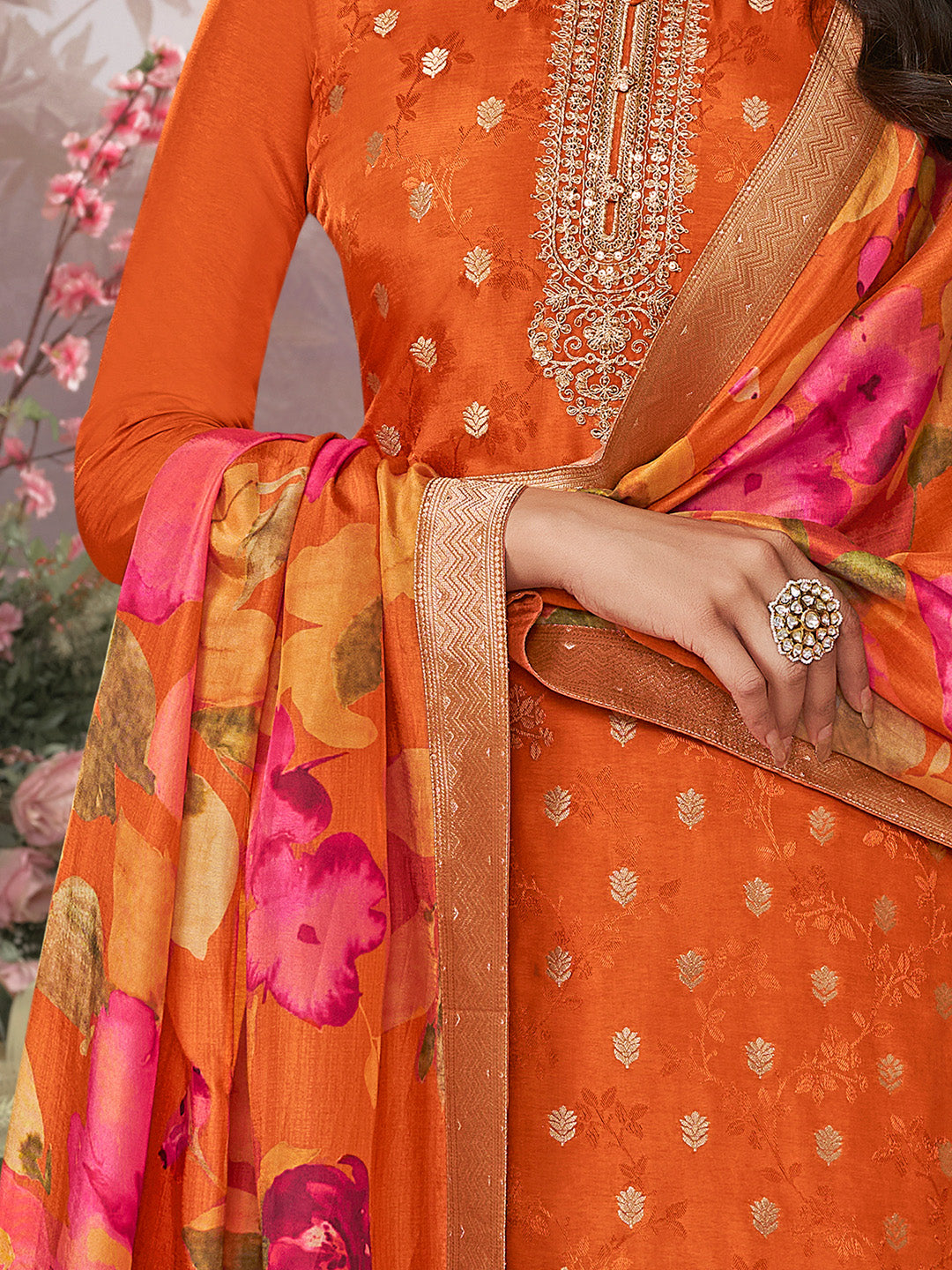 Orange Dola Silk Jacquard & Embroidery Sharara Set with Digital Print Dola Silk Dupatta