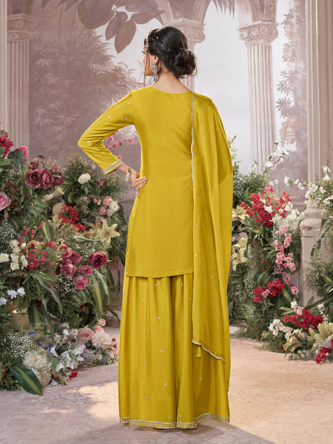 Yellow Chinon Embroidered Sharara Suit with Butti Work and Sequins Scalloped Border Dupatta