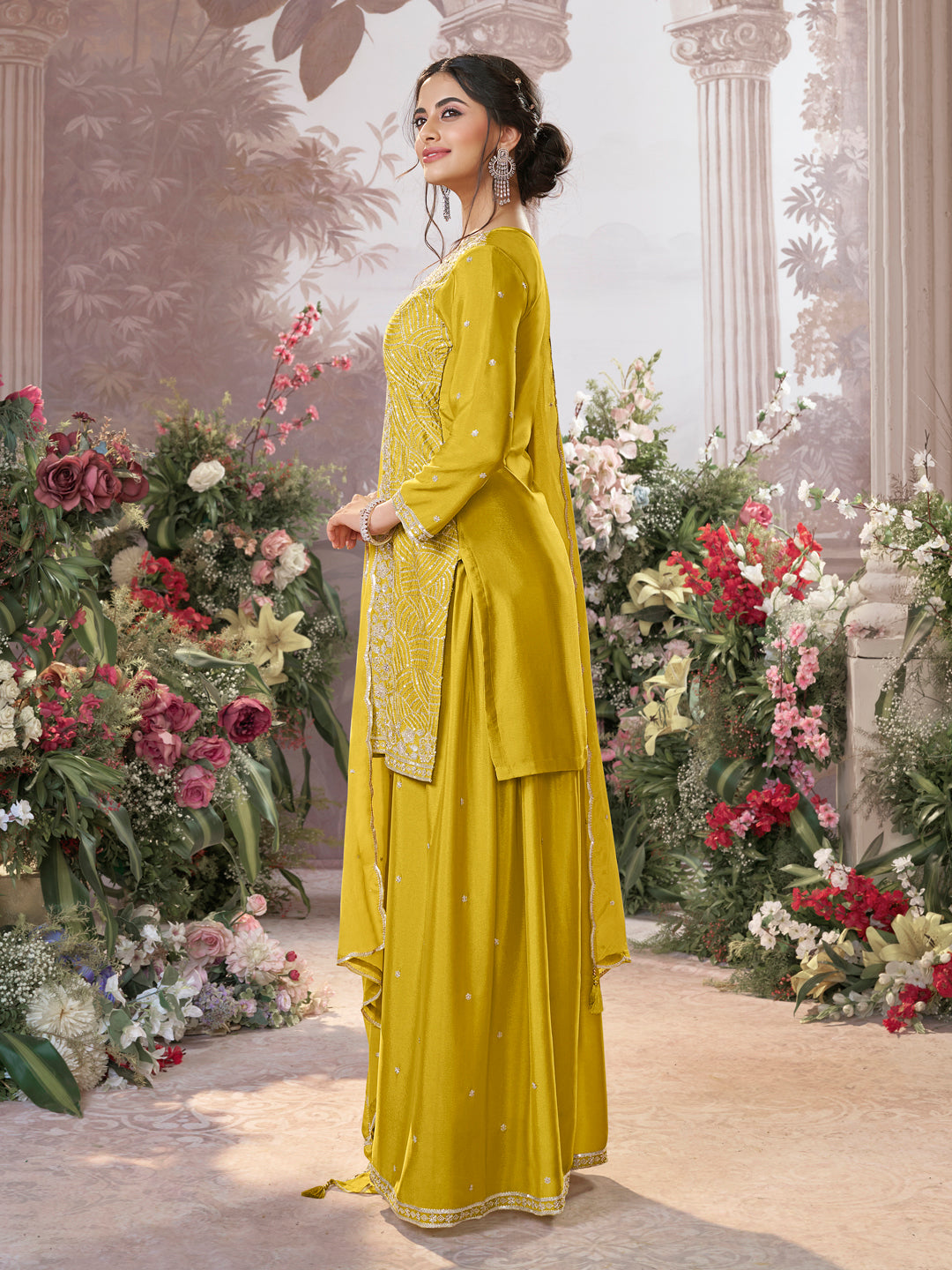 Yellow Chinon Embroidered Sharara Suit with Butti Work and Sequins Scalloped Border Dupatta