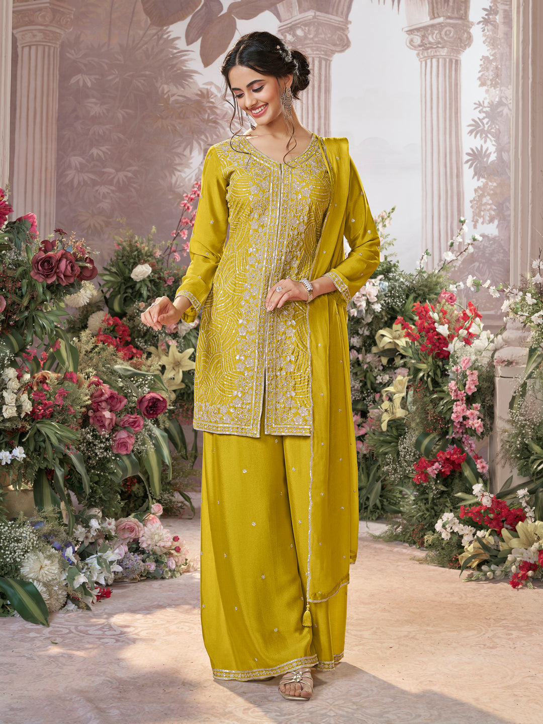 Yellow Chinon Embroidered Sharara Suit with Butti Work and Sequins Scalloped Border Dupatta