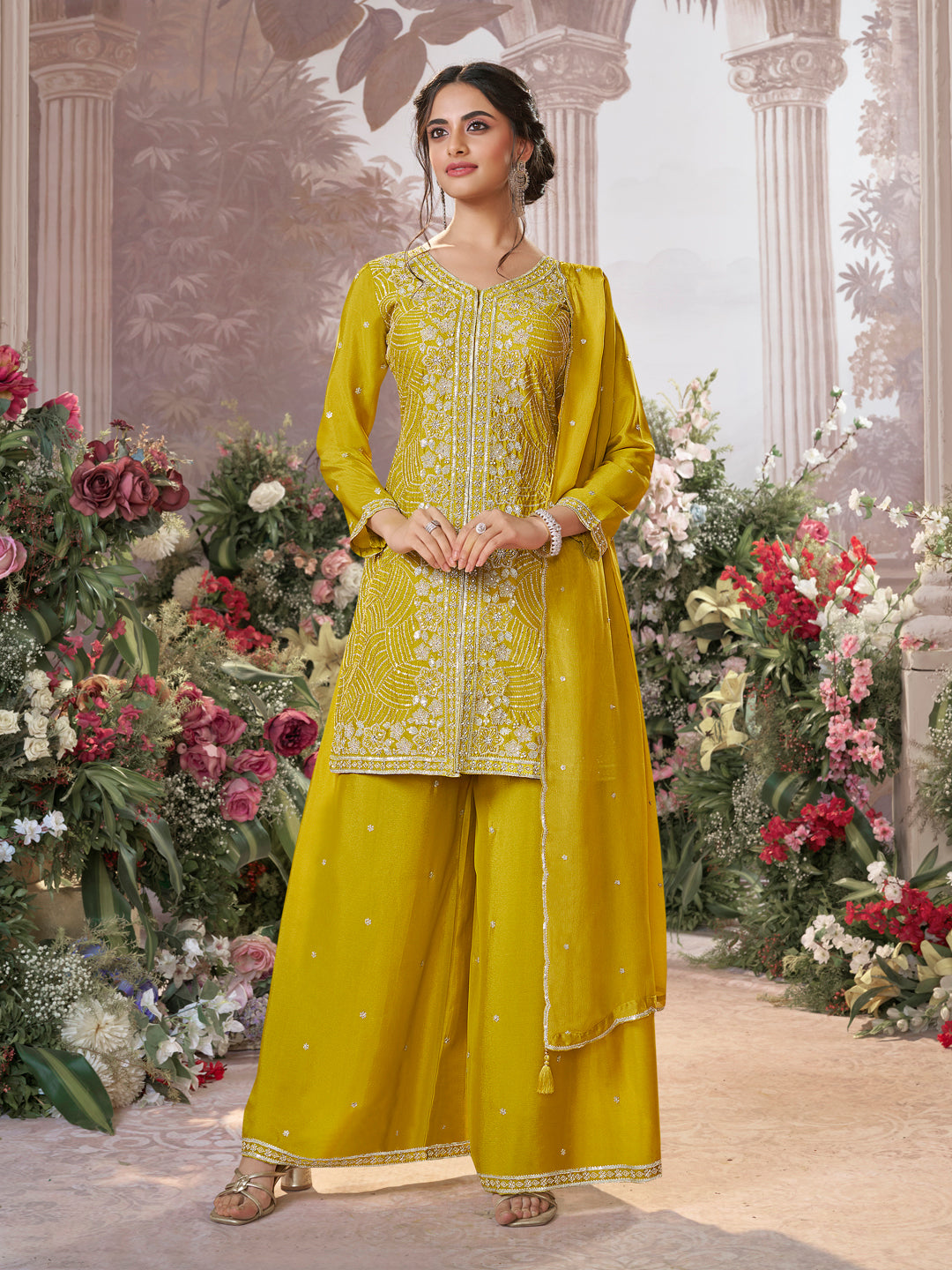 Yellow Chinon Embroidered Sharara Suit with Butti Work and Sequins Scalloped Border Dupatta
