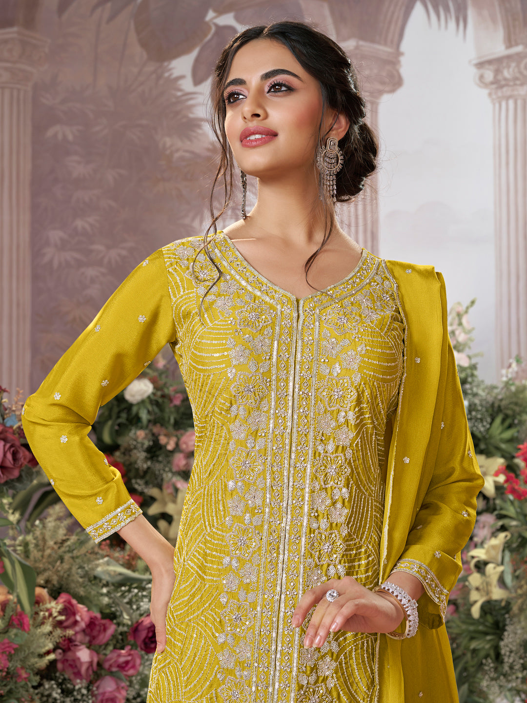 Yellow Chinon Embroidered Sharara Suit with Butti Work and Sequins Scalloped Border Dupatta