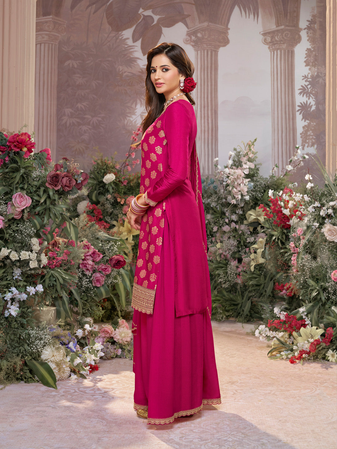 Pink Dola Silk Meena Jacquard Kurta Set Paired With Embroidered Sharara Suit Set