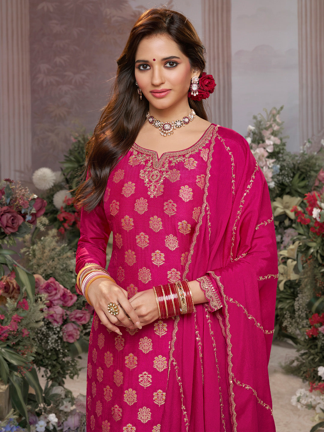 Pink Dola Silk Meena Jacquard Kurta Set Paired With Embroidered Sharara Suit Set