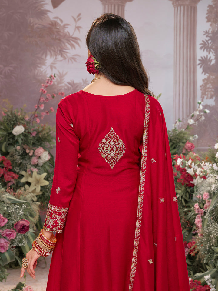 Red Vichitra Silk Kurta Suit Set with Embroidered Work Paired with Vichitra Silk Dupatta with Embroidered Work