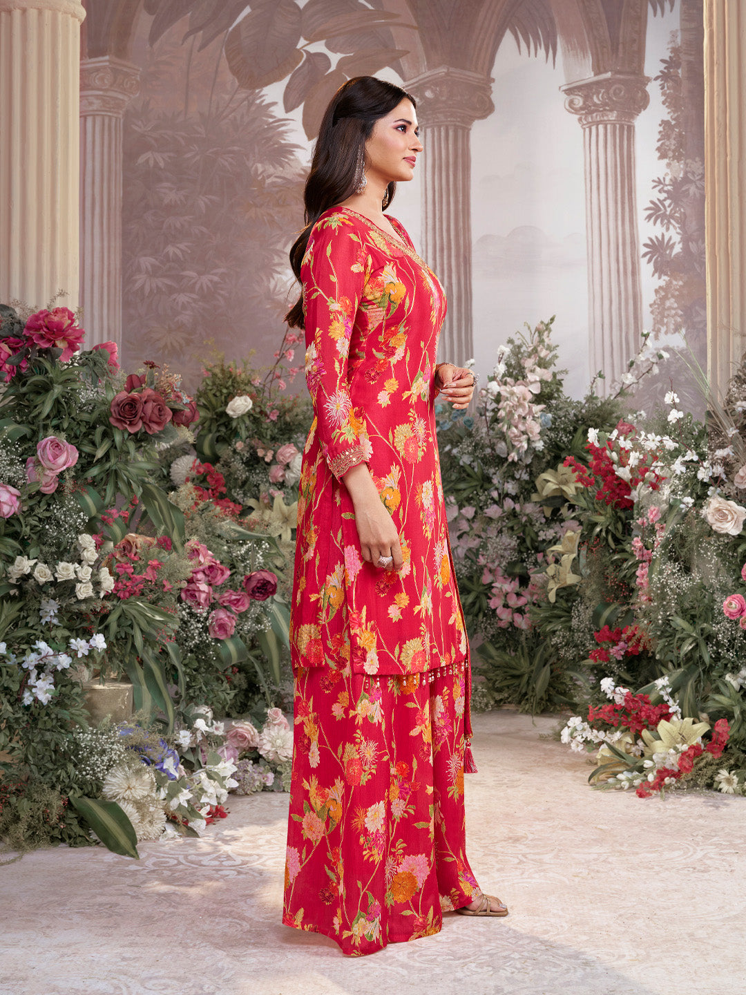 Red Chinon Sharara Suit Set with Floral Print and Embroidery Work