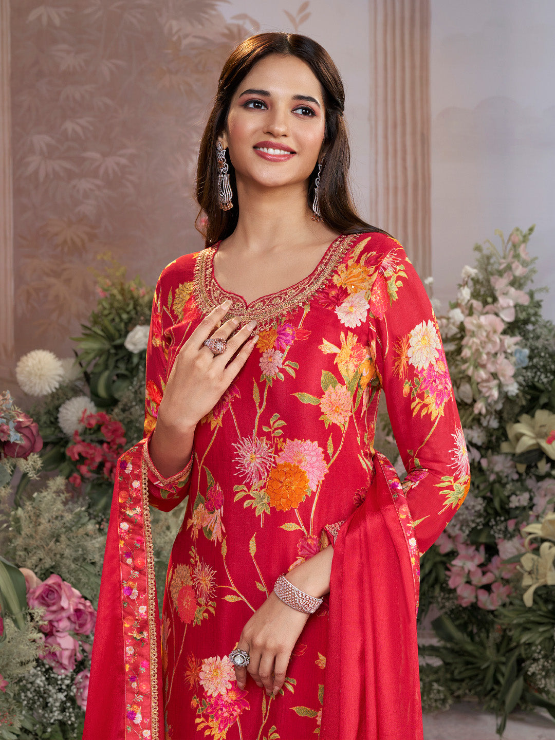 Red Chinon Sharara Suit Set with Floral Print and Embroidery Work