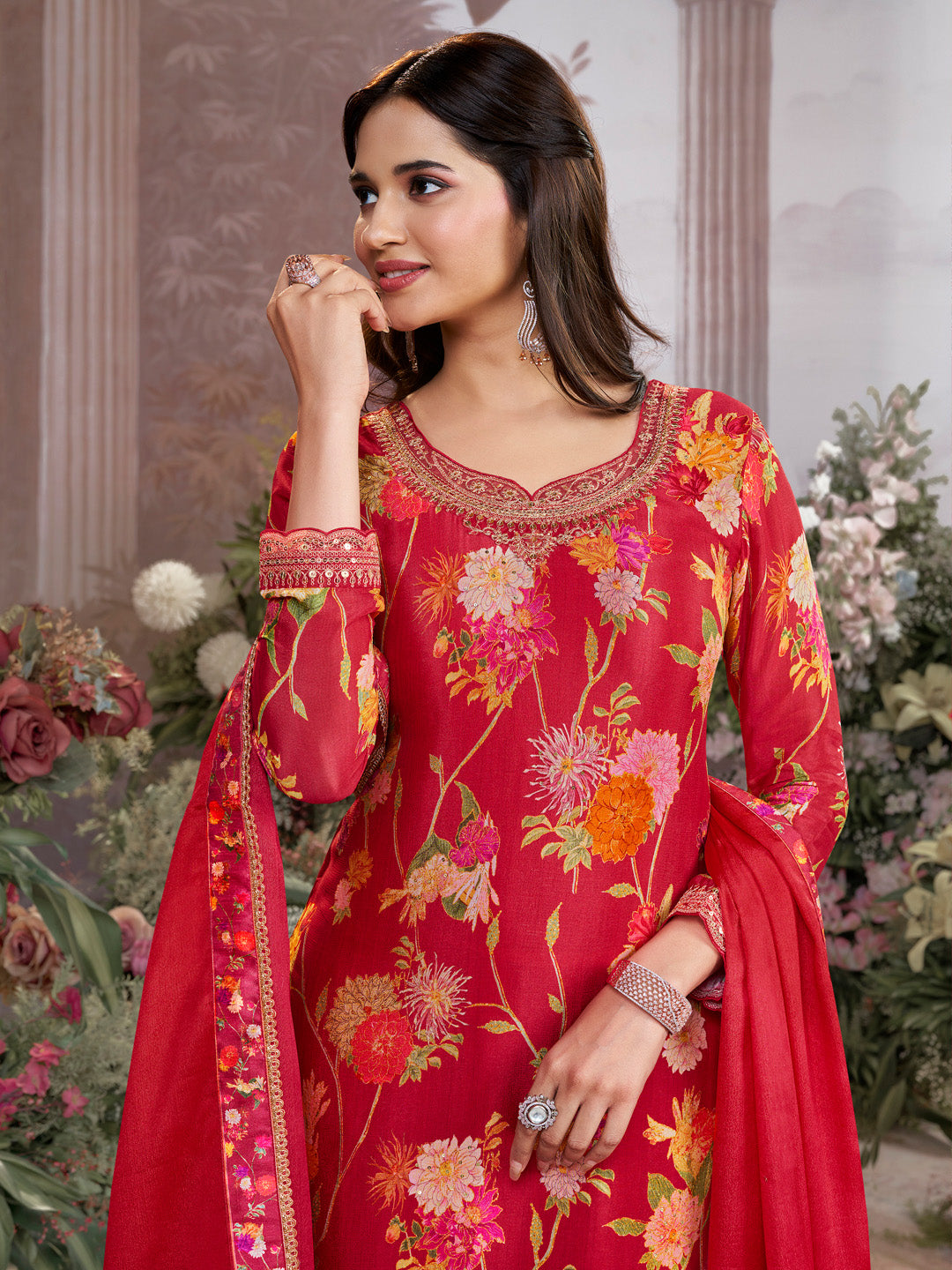 Red Chinon Sharara Suit Set with Floral Print and Embroidery Work