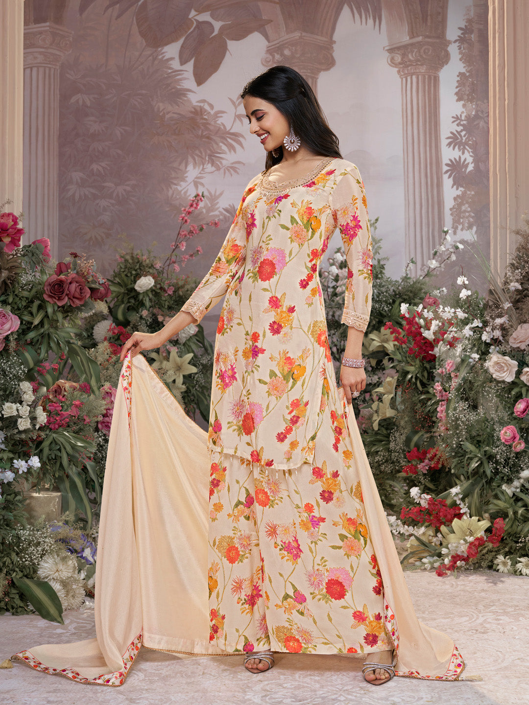 Off-White Chinon Sharara Suit Set with Floral Print and Embroidery Work