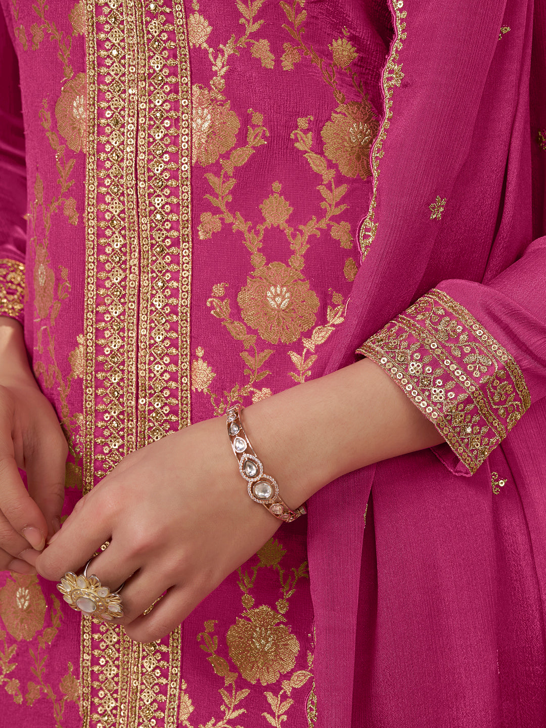 Pink Chinon Kurta Set with Heavy Jacquard Work Paired with Chinon Dupatta with Embroidered Work