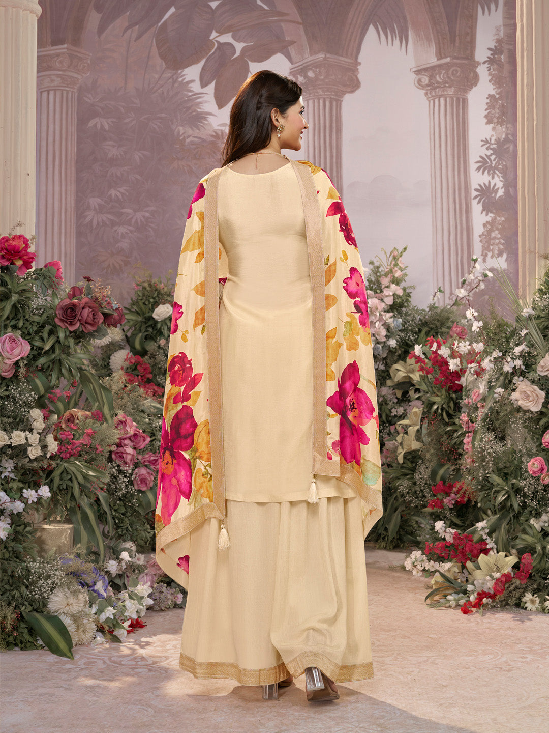 Off-White Dola Silk Jacquard & Embroidery Sharara Set with Digital Print Dola Silk Dupatta