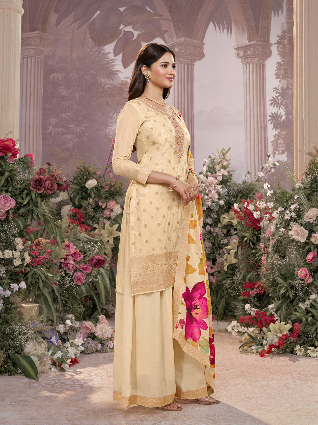 Off-White Dola Silk Jacquard & Embroidery Sharara Set with Digital Print Dola Silk Dupatta