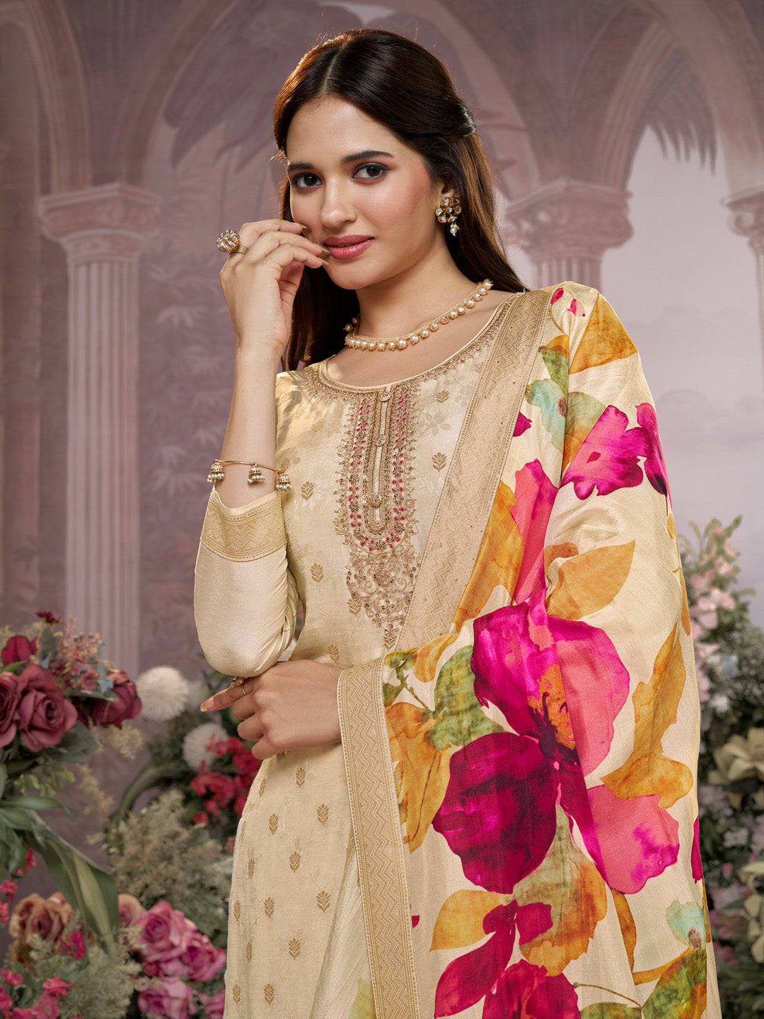 Off-White Dola Silk Jacquard & Embroidery Sharara Set with Digital Print Dola Silk Dupatta