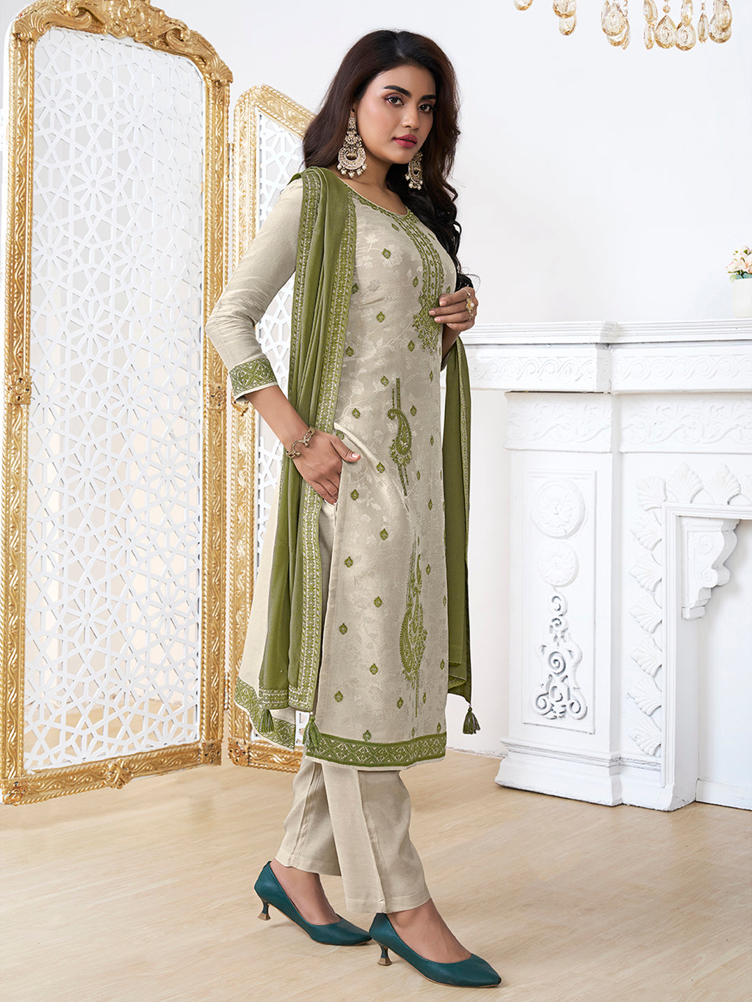 Cream Tissue Embossed Jacquard Kurta Suit Set with Green Contrast Dupatta