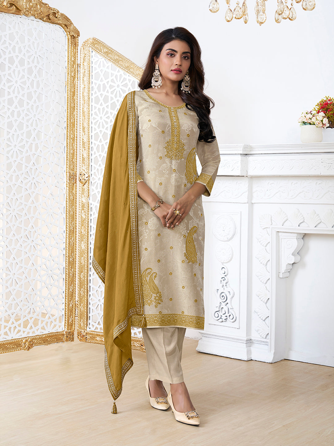 Cream Tissue Embossed Jacquard Kurta Suit Set with Yellow Contrast Dupatta.