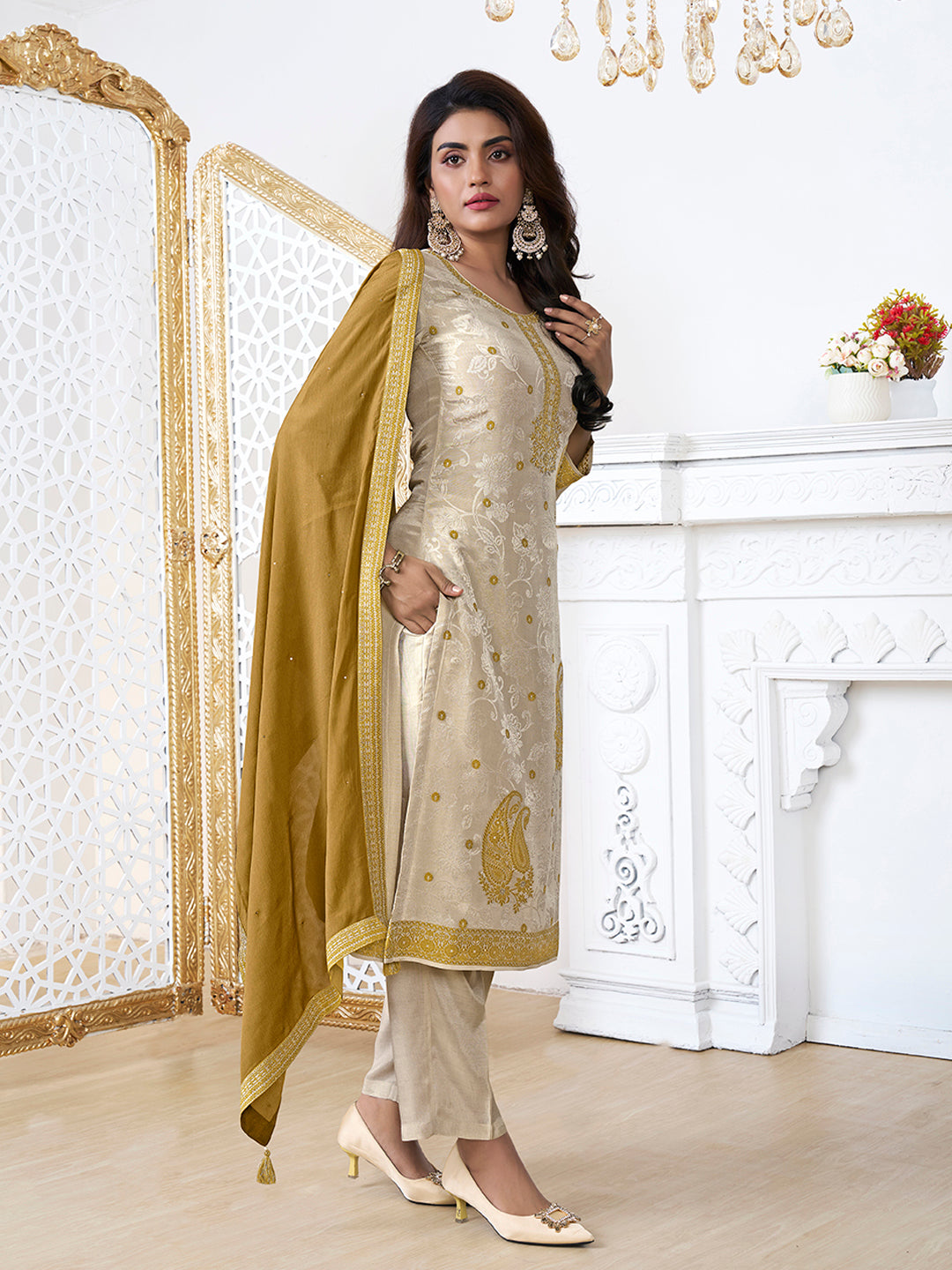 Cream Tissue Embossed Jacquard Kurta Suit Set with Yellow Contrast Dupatta.