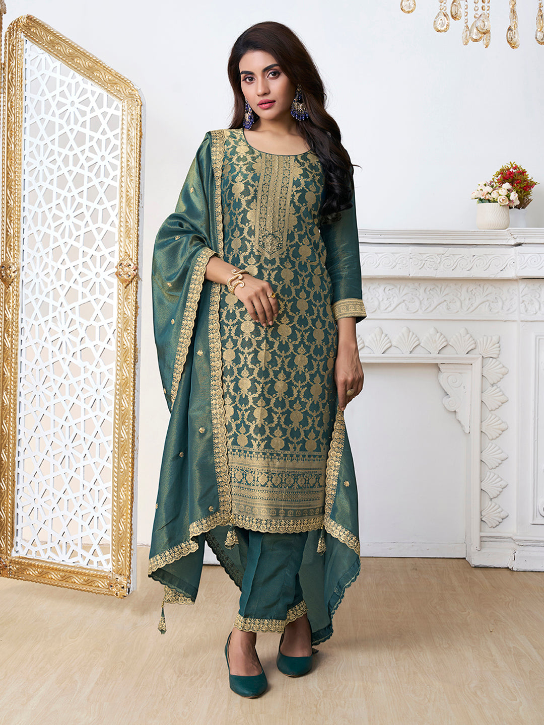 Light Green Viscose Jacquard Pant Style Salwar Kurta Set