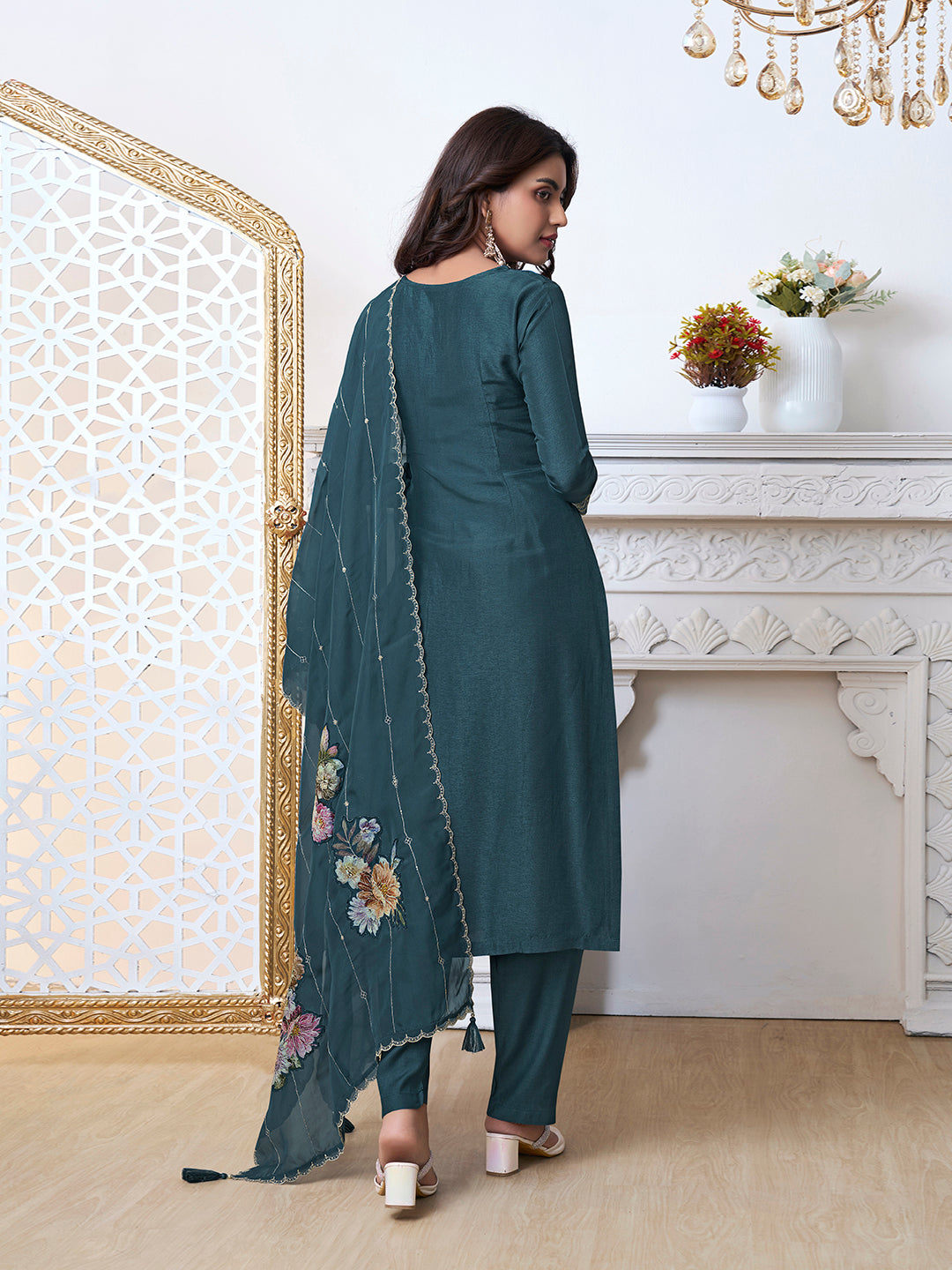 Blue Cutwork Neckline Dola Silk Kurta Suit Set with Floral Applique Dupatta