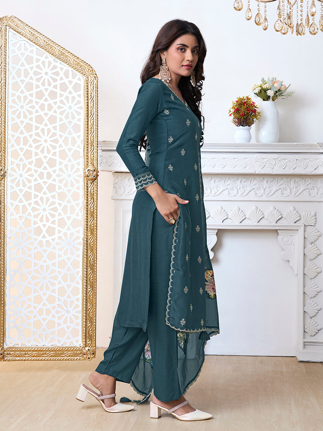 Blue Cutwork Neckline Dola Silk Kurta Suit Set with Floral Applique Dupatta