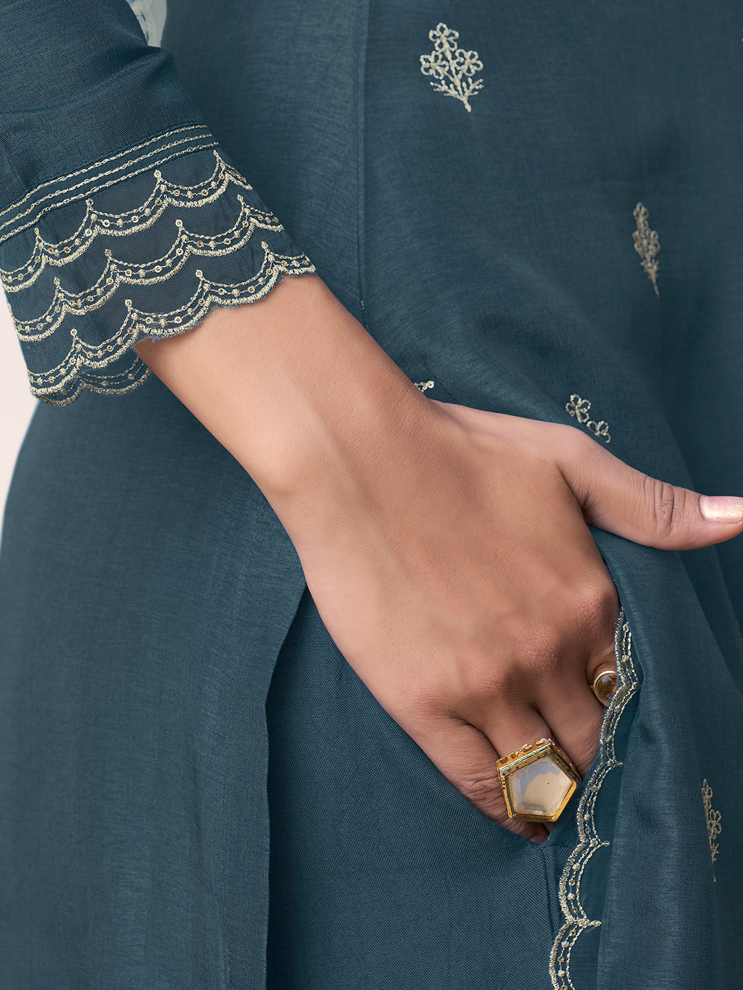 Blue Cutwork Neckline Dola Silk Kurta Suit Set with Floral Applique Dupatta