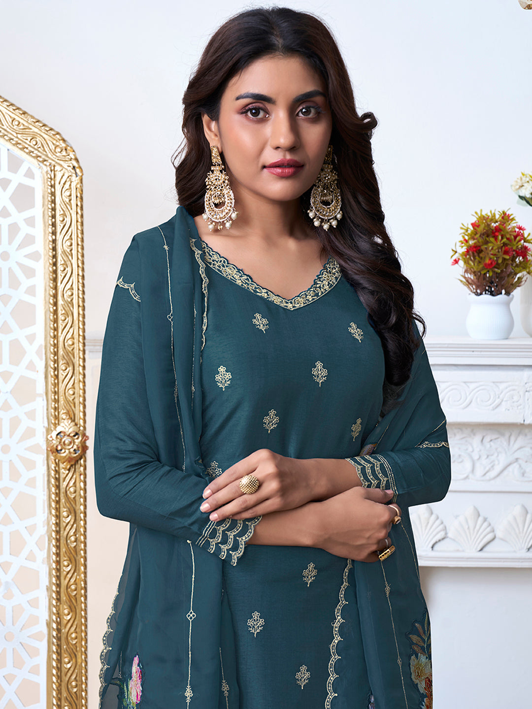 Blue Cutwork Neckline Dola Silk Kurta Suit Set with Floral Applique Dupatta