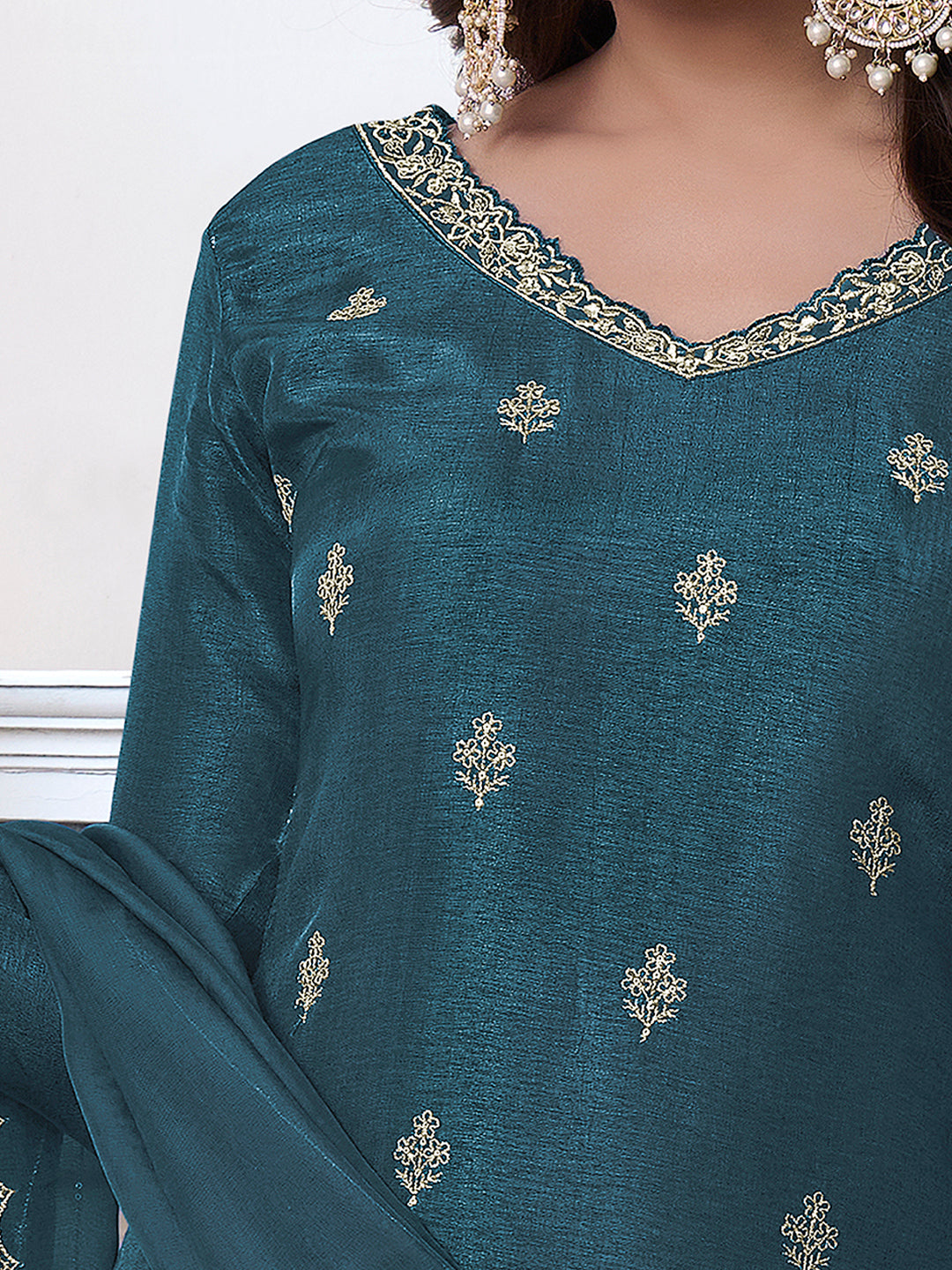 Blue Cutwork Neckline Dola Silk Kurta Suit Set with Floral Applique Dupatta