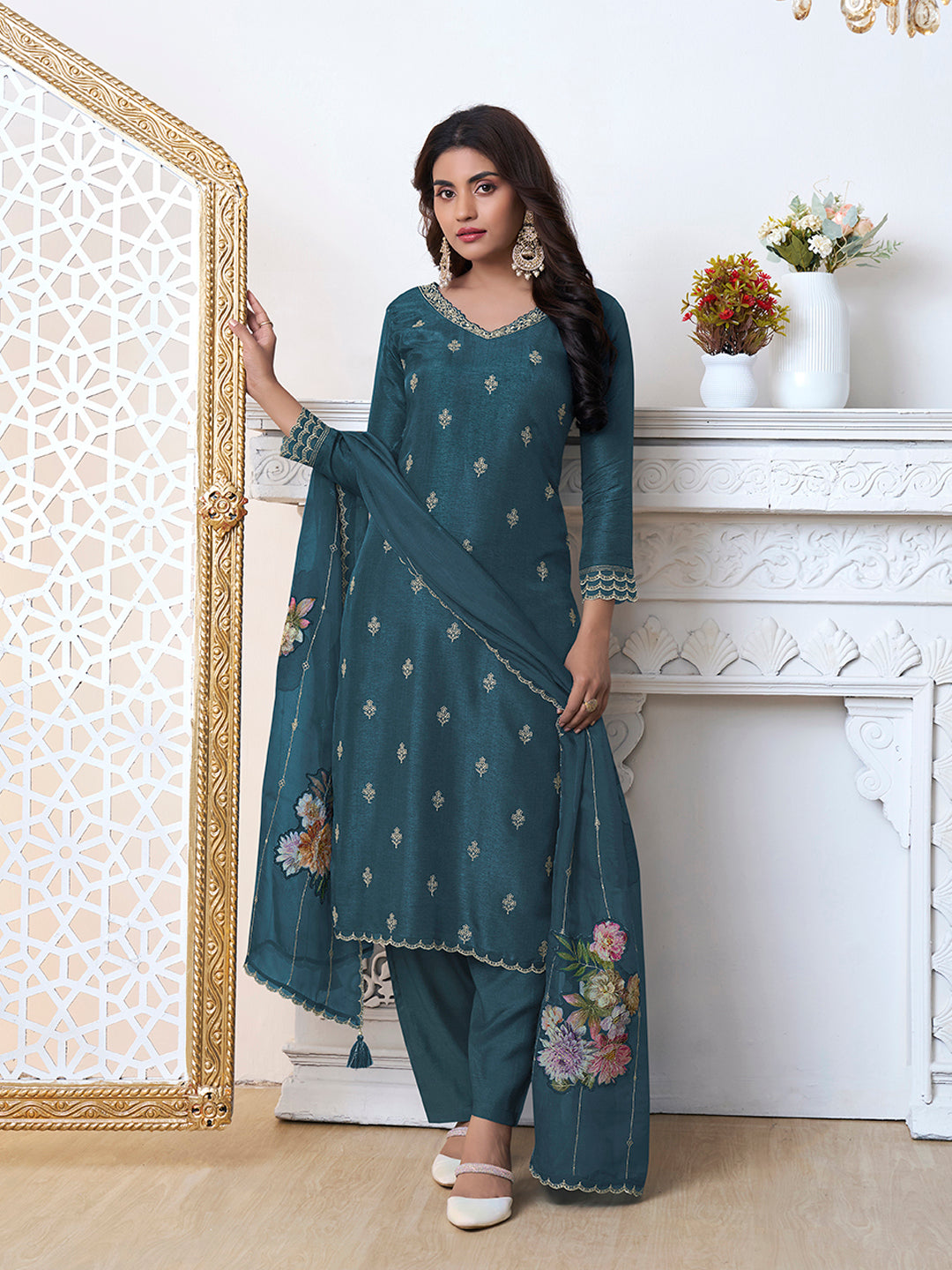Blue Cutwork Neckline Dola Silk Kurta Suit Set with Floral Applique Dupatta