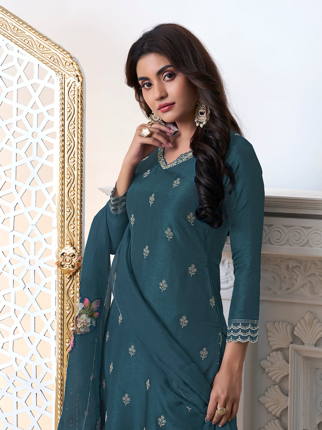 Blue Cutwork Neckline Dola Silk Kurta Suit Set with Floral Applique Dupatta