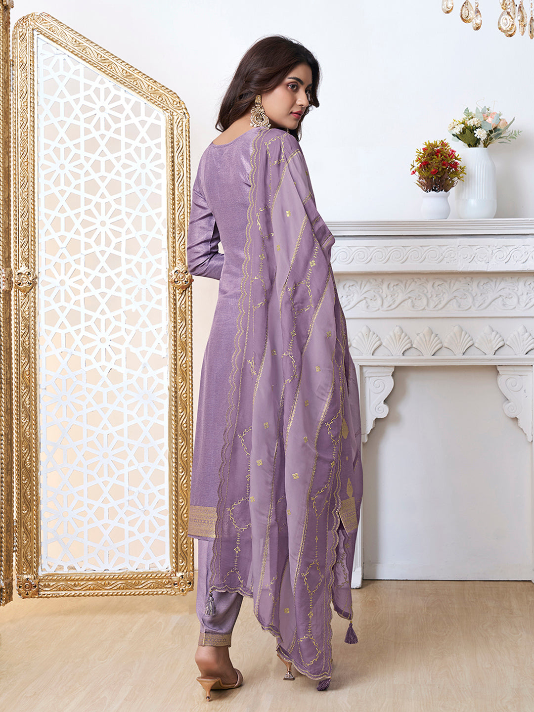 Purple Dola Ethnic Motifs Jacquard with Embroidered Kurta Suit Set