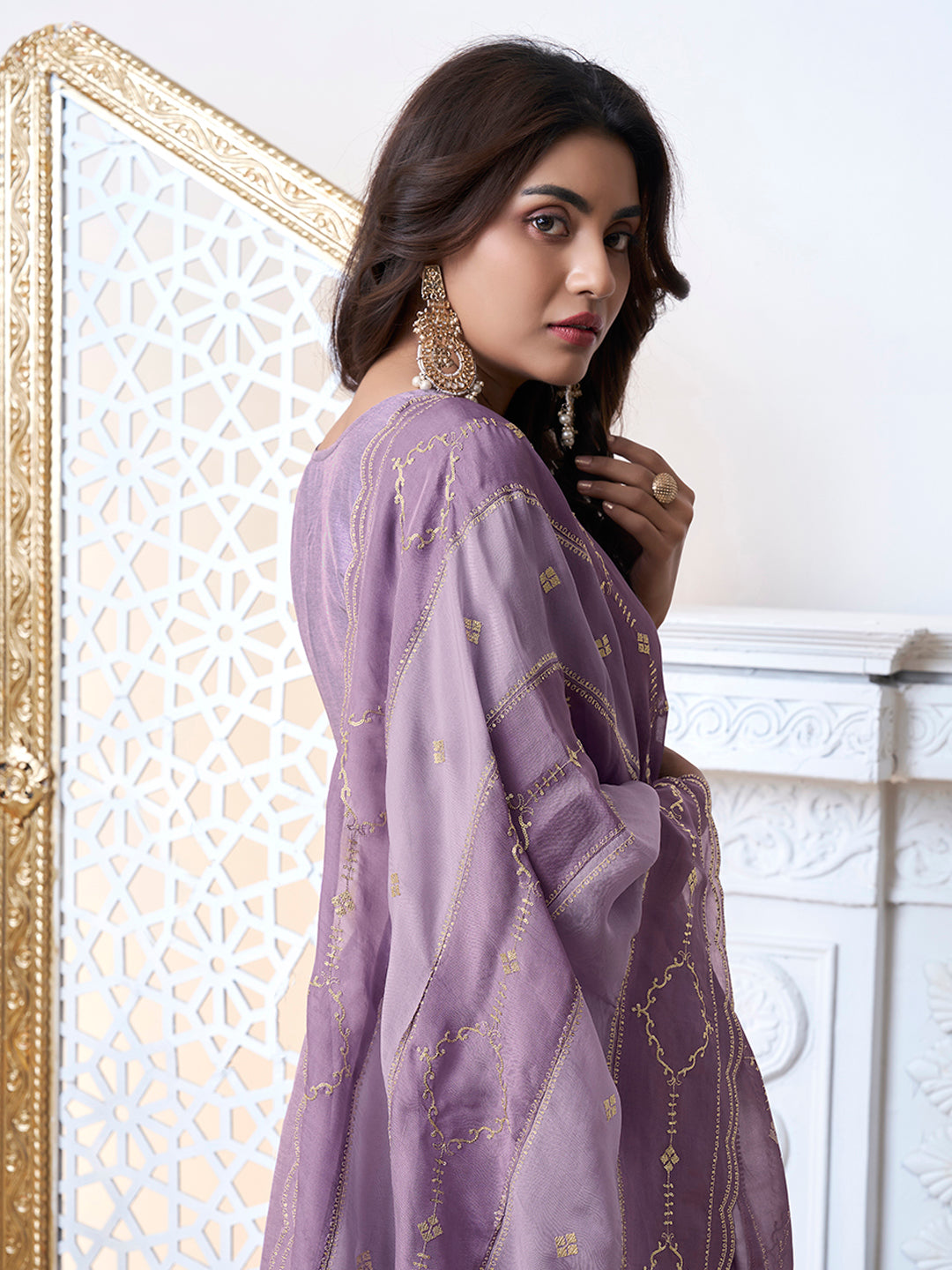 Purple Dola Ethnic Motifs Jacquard with Embroidered Kurta Suit Set