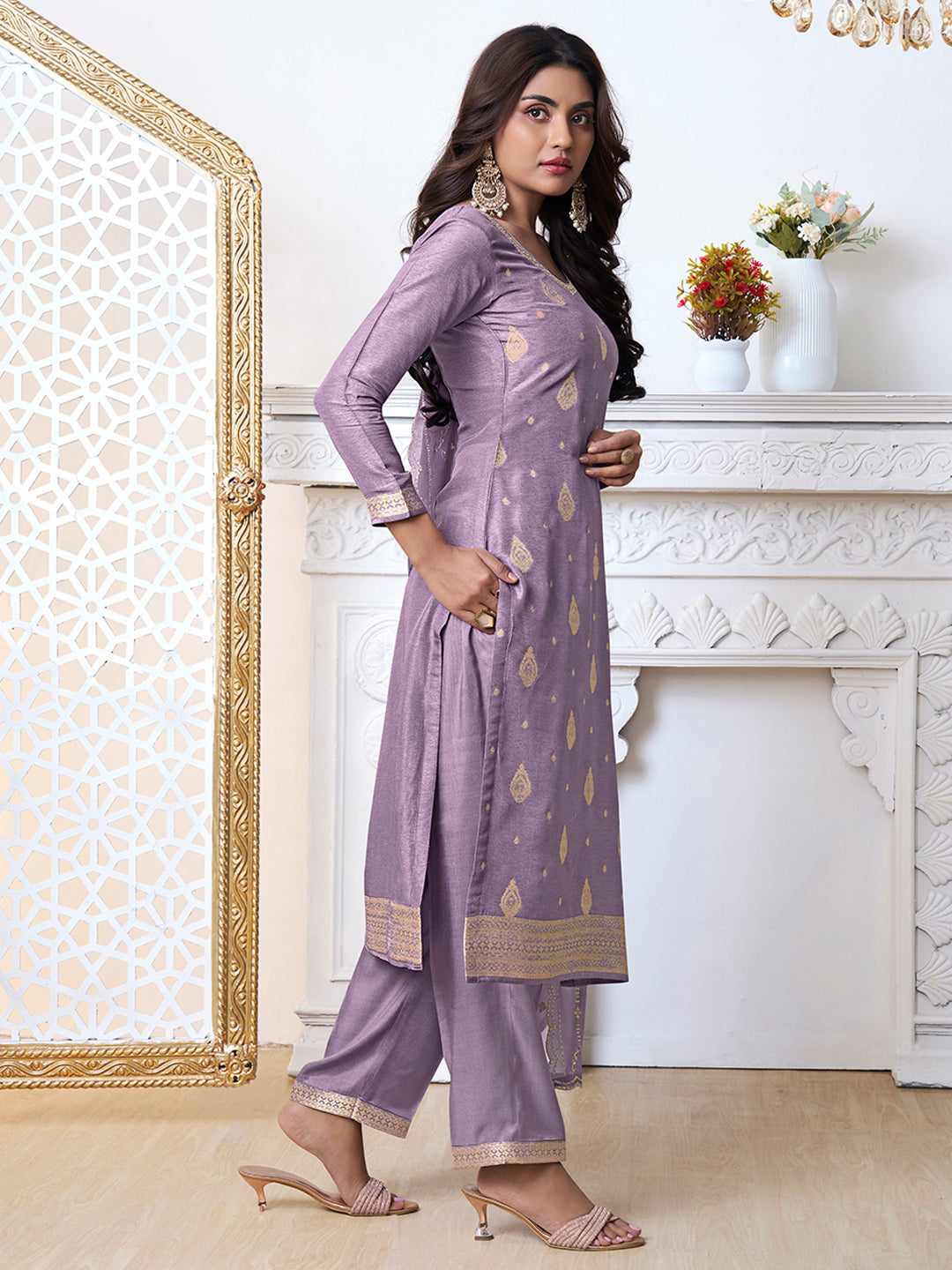 Purple Dola Ethnic Motifs Jacquard with Embroidered Kurta Suit Set
