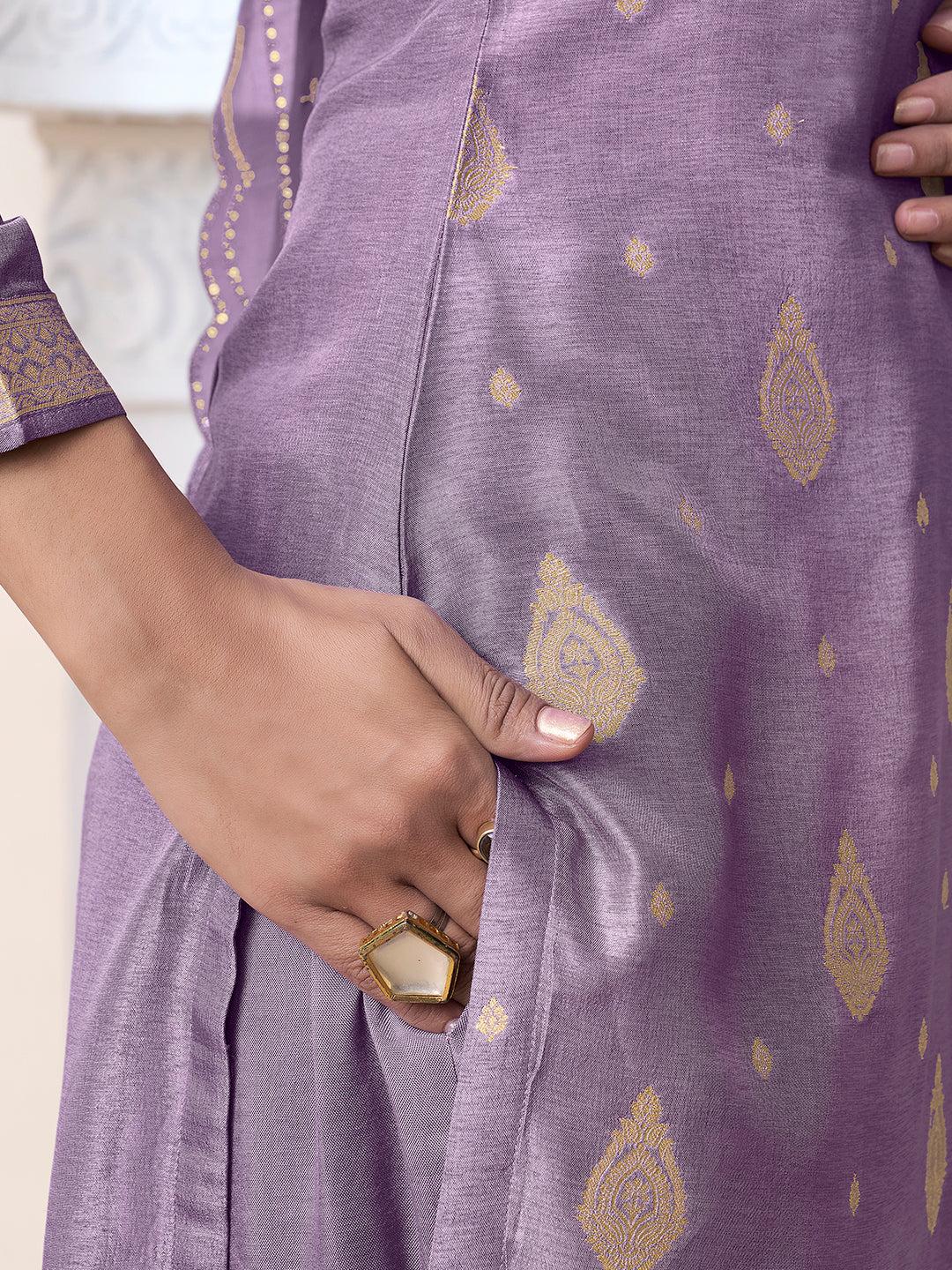 Purple Dola Ethnic Motifs Jacquard with Embroidered Kurta Suit Set