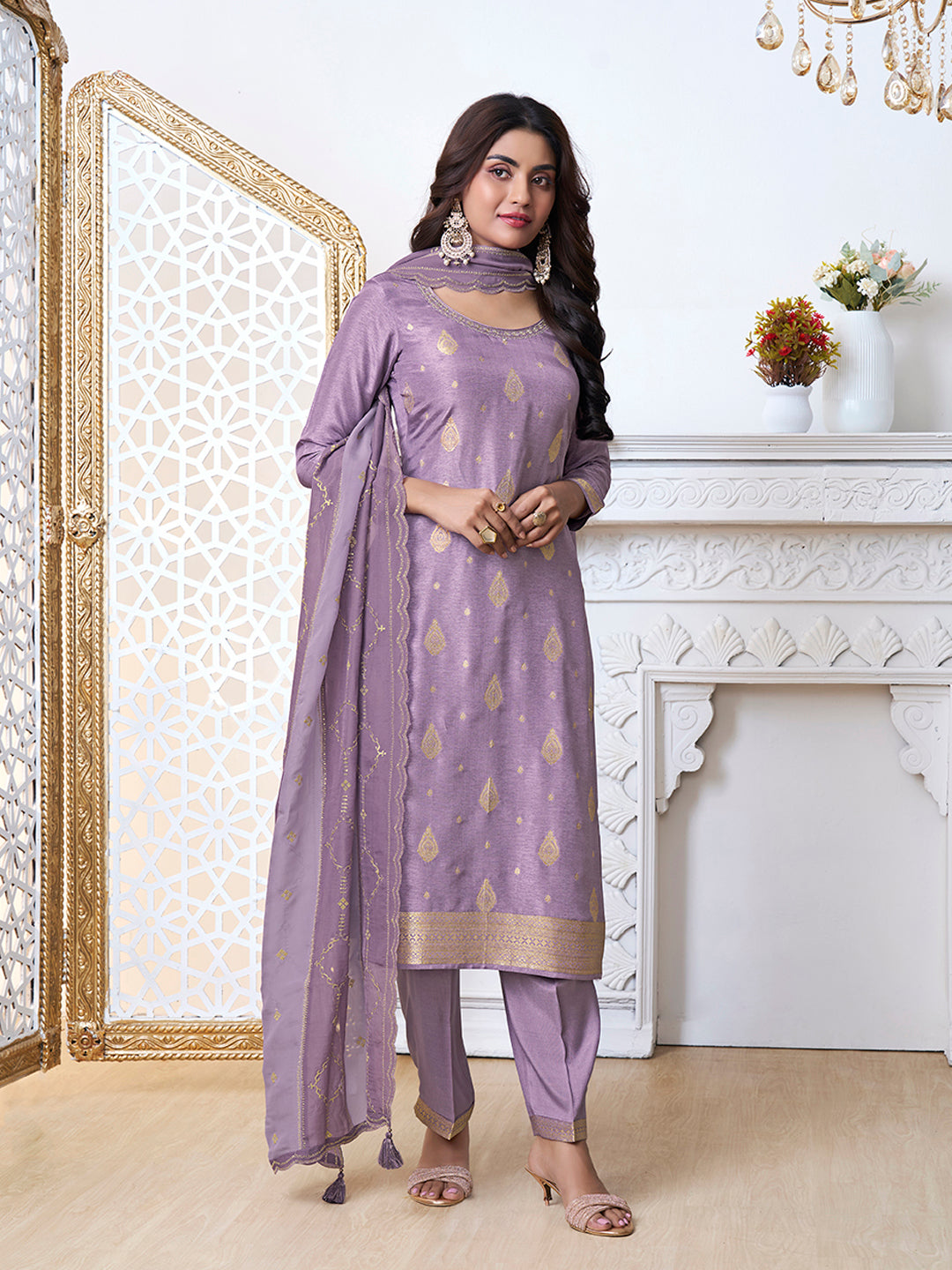 Purple Dola Ethnic Motifs Jacquard with Embroidered Kurta Suit Set