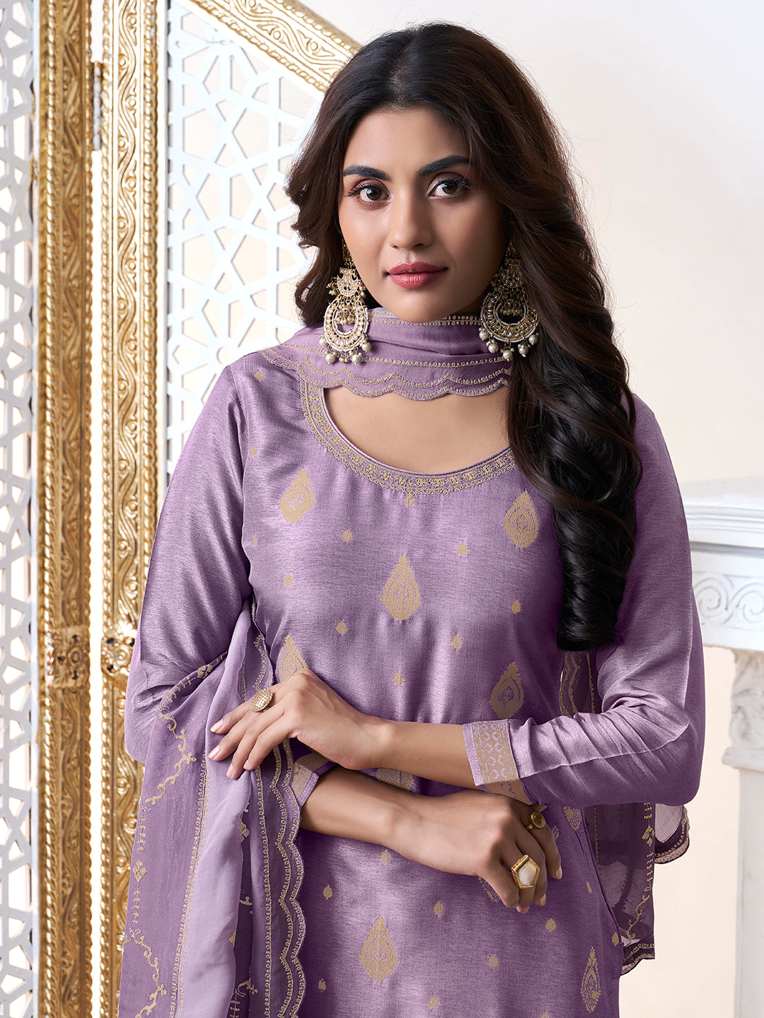Purple Dola Ethnic Motifs Jacquard with Embroidered Kurta Suit Set
