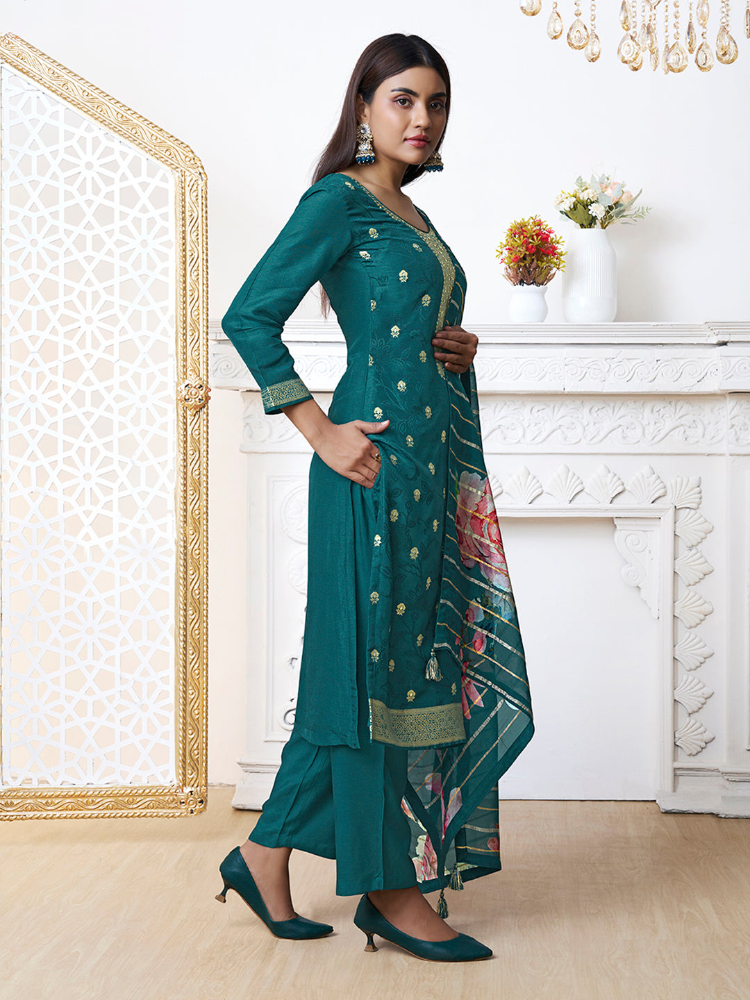 Green Dola Ethnic Motifs Jacquard Kurta Suit Set