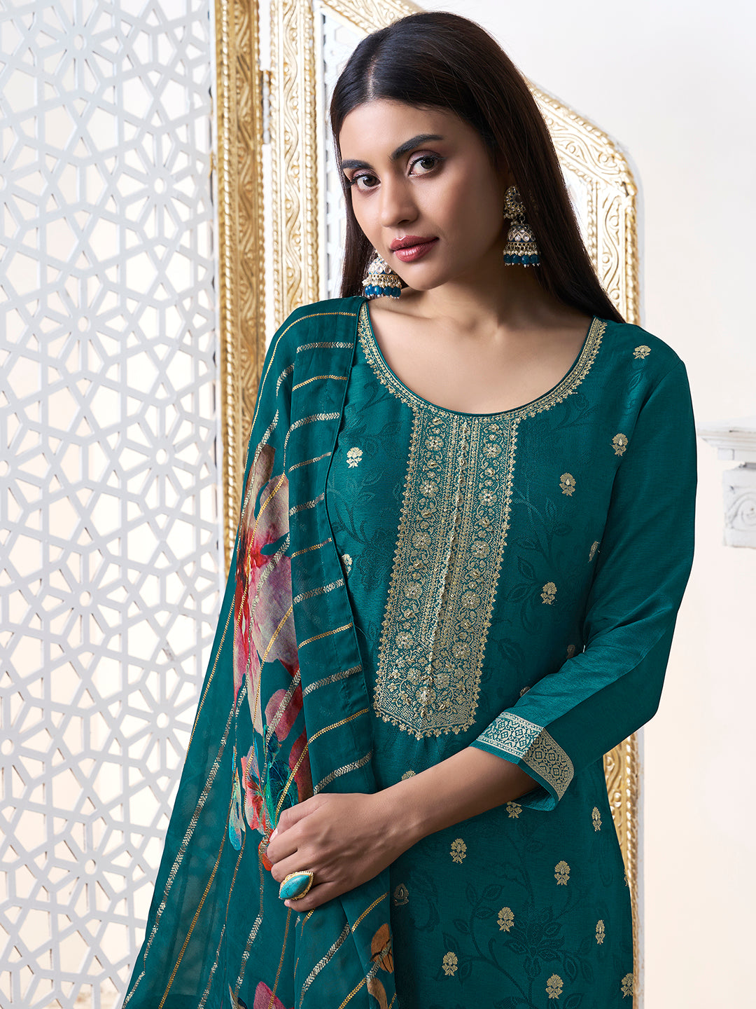Green Dola Ethnic Motifs Jacquard Kurta Suit Set
