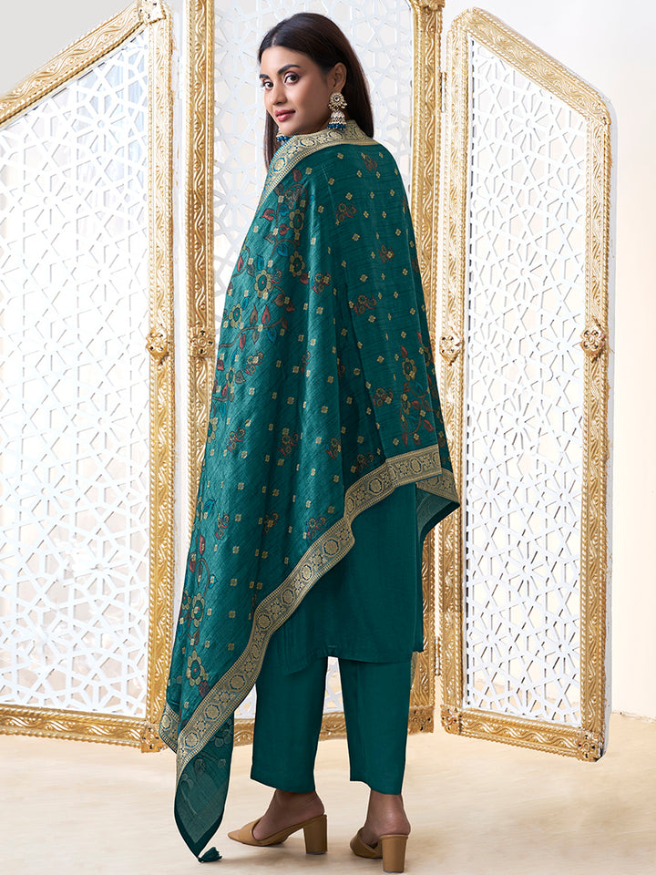 Teal Dola Silk with Jacquard Weave Kurta Suit Set