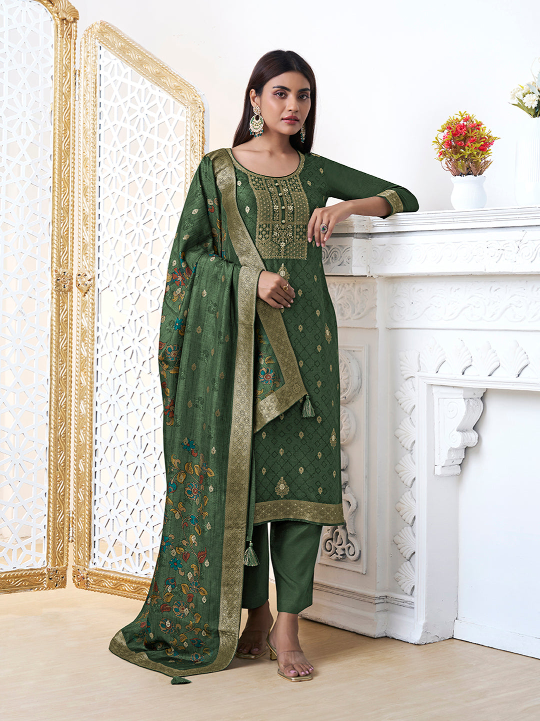 Dark Green Dola Silk with Jacquard Weave Kurta Suit Set