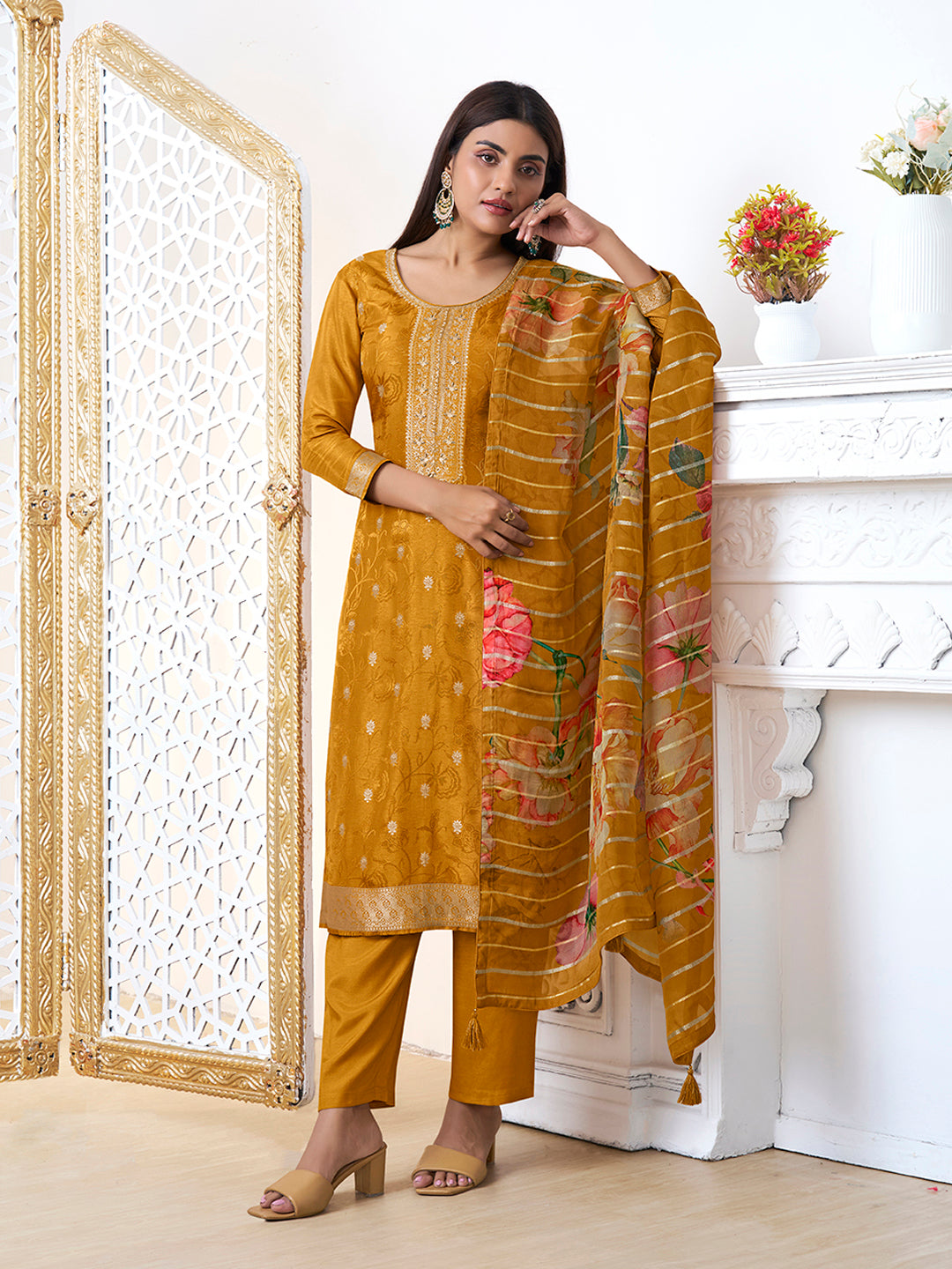Mustard Yellow Dola Ethnic Motifs Jacquard Kurta Suit Set