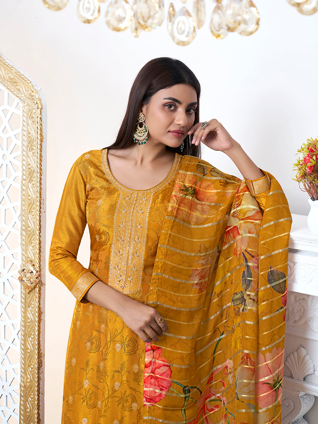Mustard Yellow Dola Ethnic Motifs Jacquard Kurta Suit Set