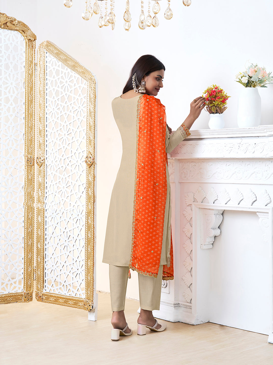 Off-White Tissue with Bandhani Print Colour Contrast Dupatta Kurta Suit Set