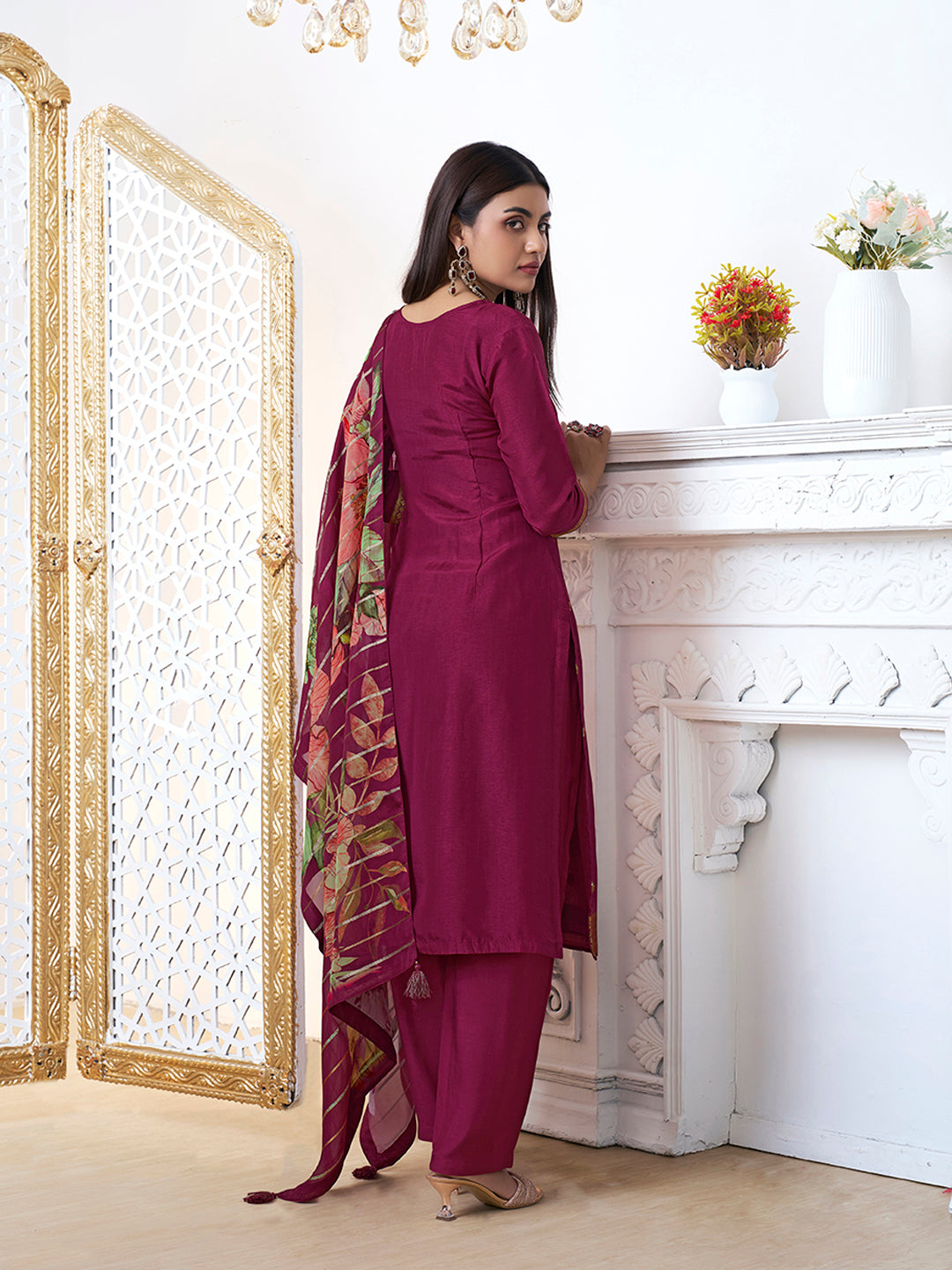 Wine Dola Ethnic Motifs Jacquard Kurta Suit Set